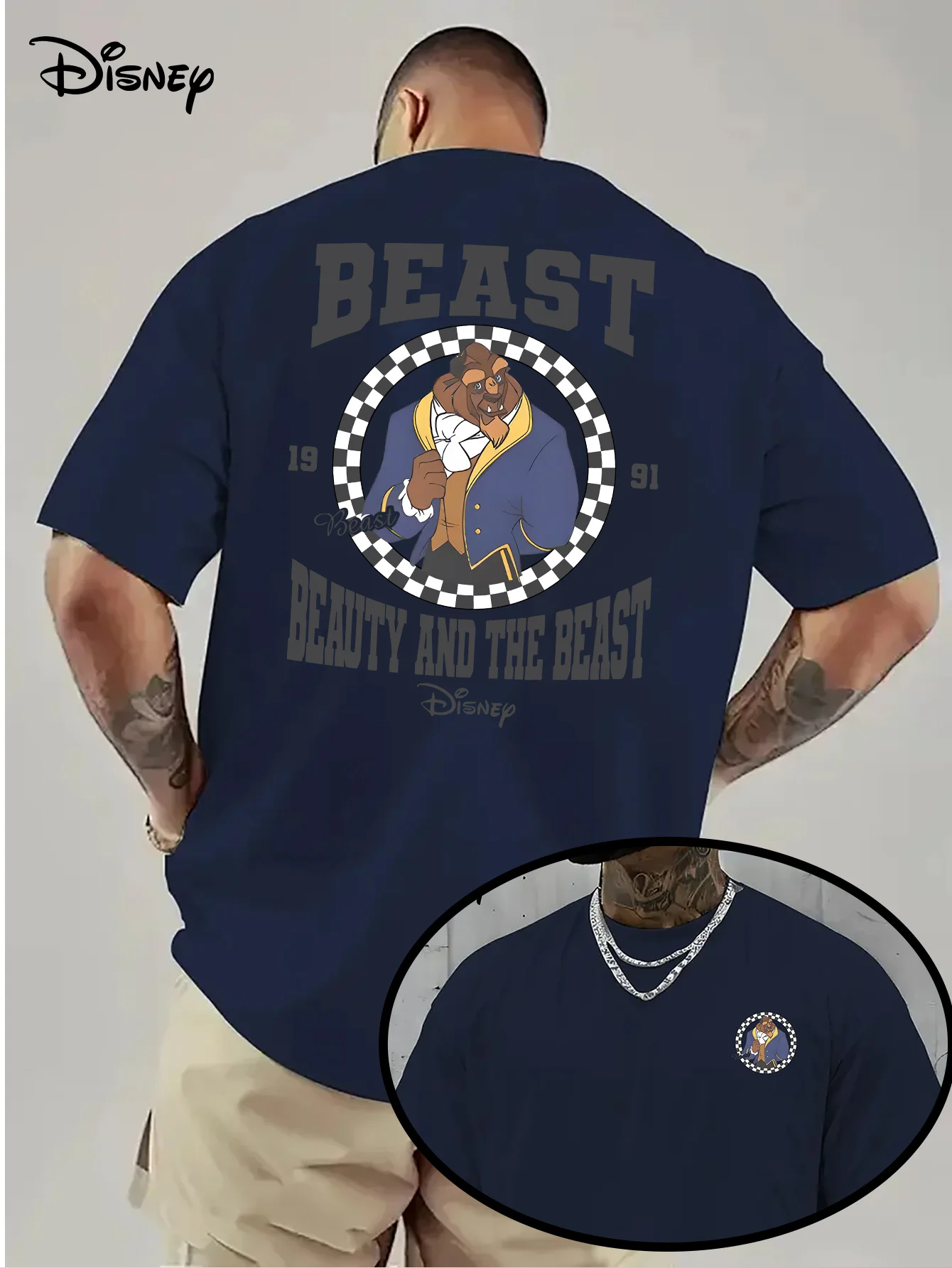 تي شيرت صيفي للرجال من Disney Beauty and The Beast ملابس ترفيهية يومية وأنشطة موضوعية للجنسين قطن بأكمام قصيرة كبيرة الحجم