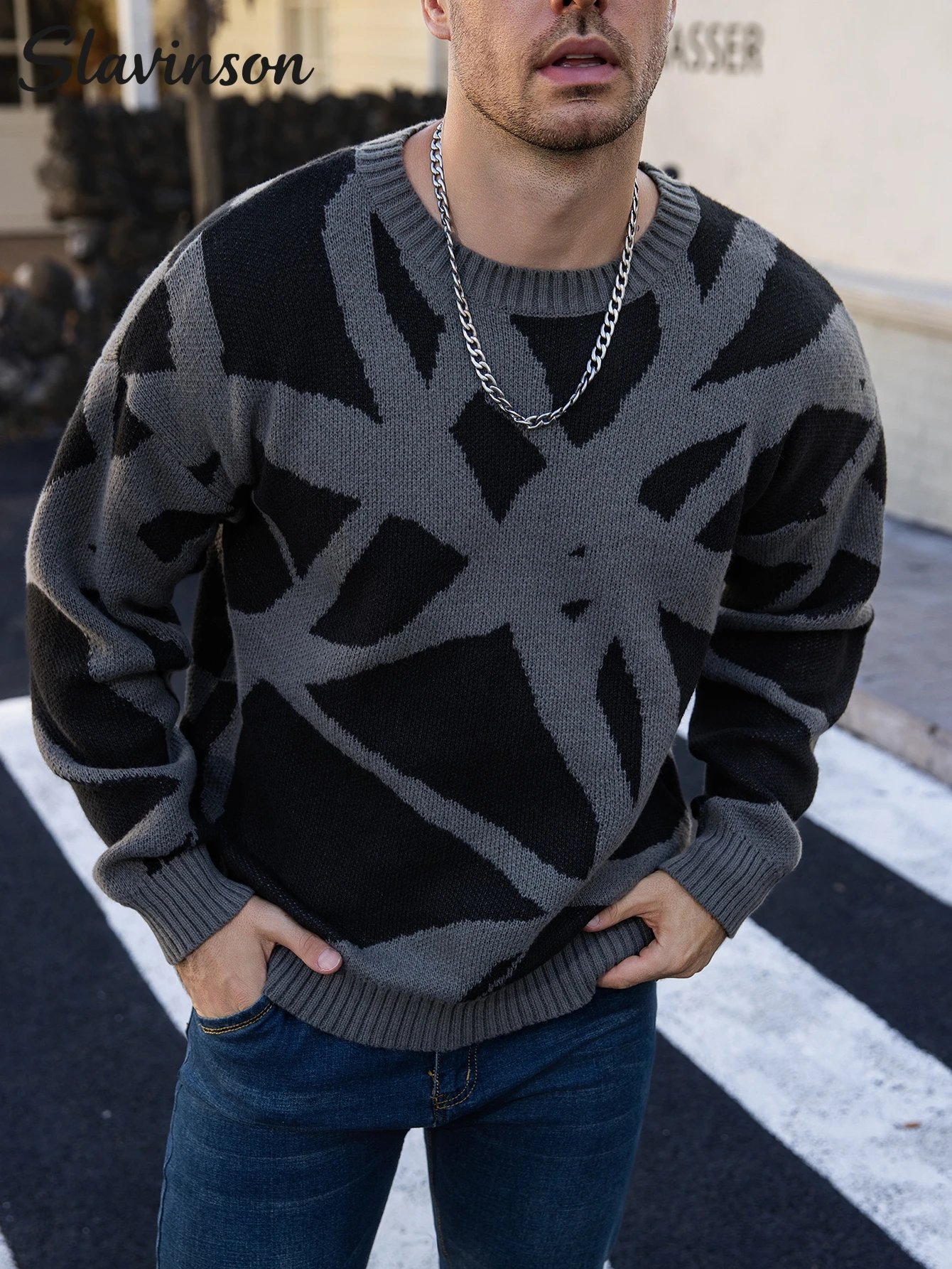

Men's Sweater with Black - Grey Abstract Geometric Pattern, Soft Knit, Suitable for Casual Streetwear and Daily Commute