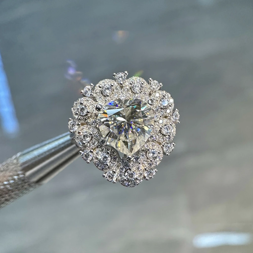 Vinregem 3EX VVS1 D Color 10*10 MM Heart Cut Real Moissanite Diamond Cocktail Party Women Ring 925 Sterling Silver Fine Jewelry