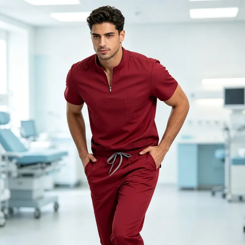 Mens Stand Collar Zip Front Scrub Set Workwear Straight Leg Pants Casual Gym Fitness Uniform Suit