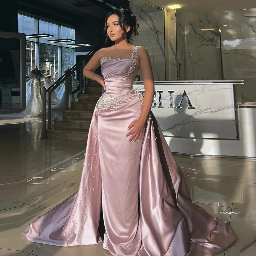 Modern Pink Prom Pageant Dress 2026 Sheer Neck Pearls One Shoulder Satin Mermaid Evening Birthday Formal Gowns Vestidos De Dala