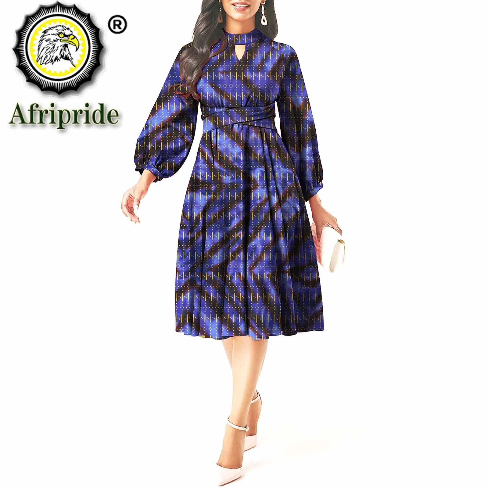 Vestidos com estampa africana para mulheres, manga longa, formal com cinto, traje Ankara, tamanho grande, roupas casuais Bazin Riche, S2025073