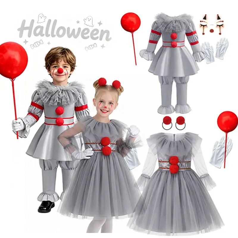 Scary Grey Joker Clown Costume for Kids Horrible Cosplay Dress Set 2026 Halloween Carnival Party Outfit Boys Girls