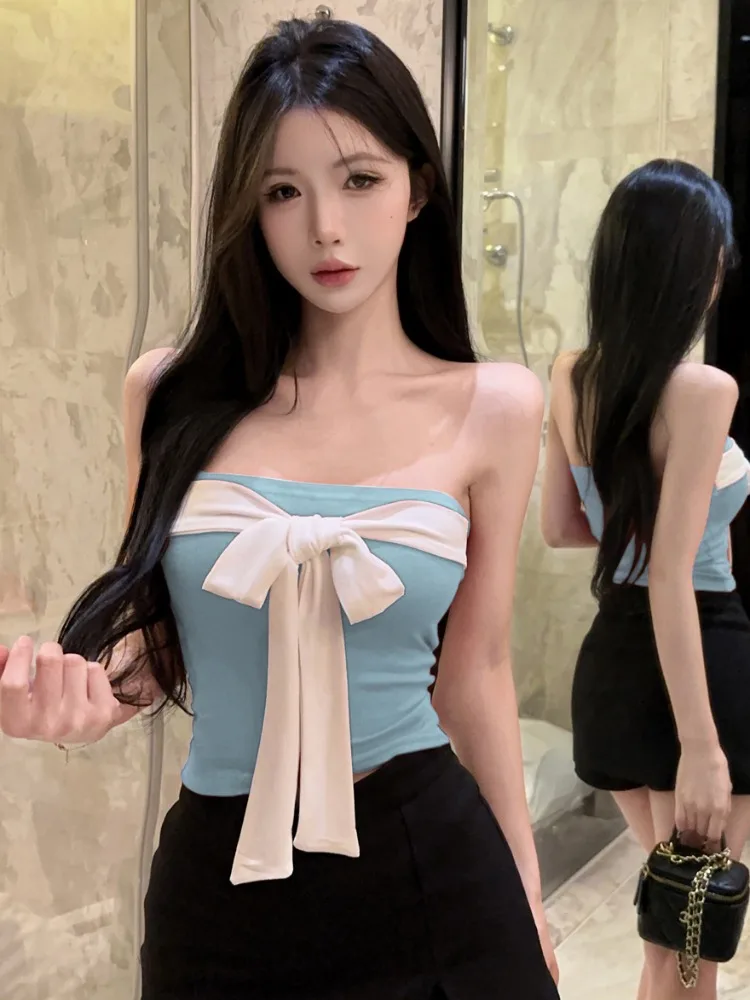 

Sexy One-Shoulder Knot Tie Crop Top Women Summer Pure Desire Spicy Girl Vacation Style Bandeau Vest Citywalk No-Sleeve Top