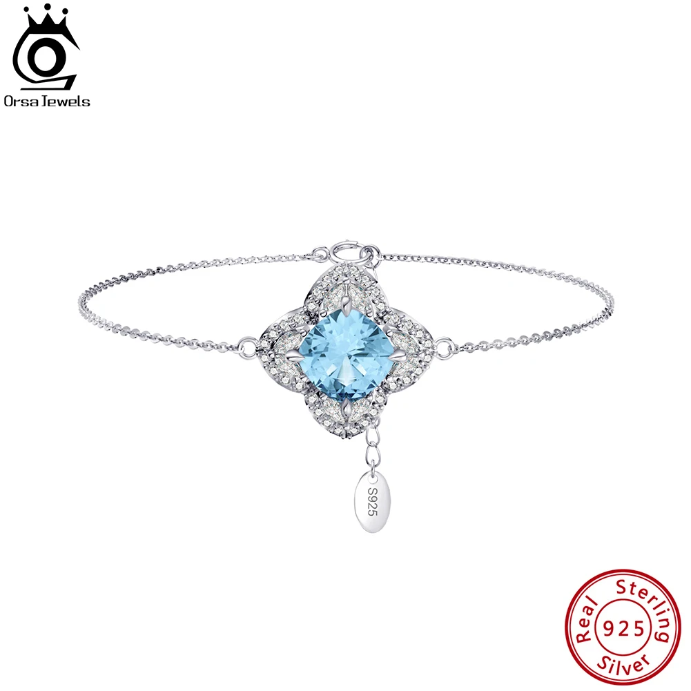 

ORSA JEWELS Created Aquamarine Chain Bracelet for Women 925 Sterling Silver Brilliant Cubic Zirconia Wedding Jewelry Gift LZB01