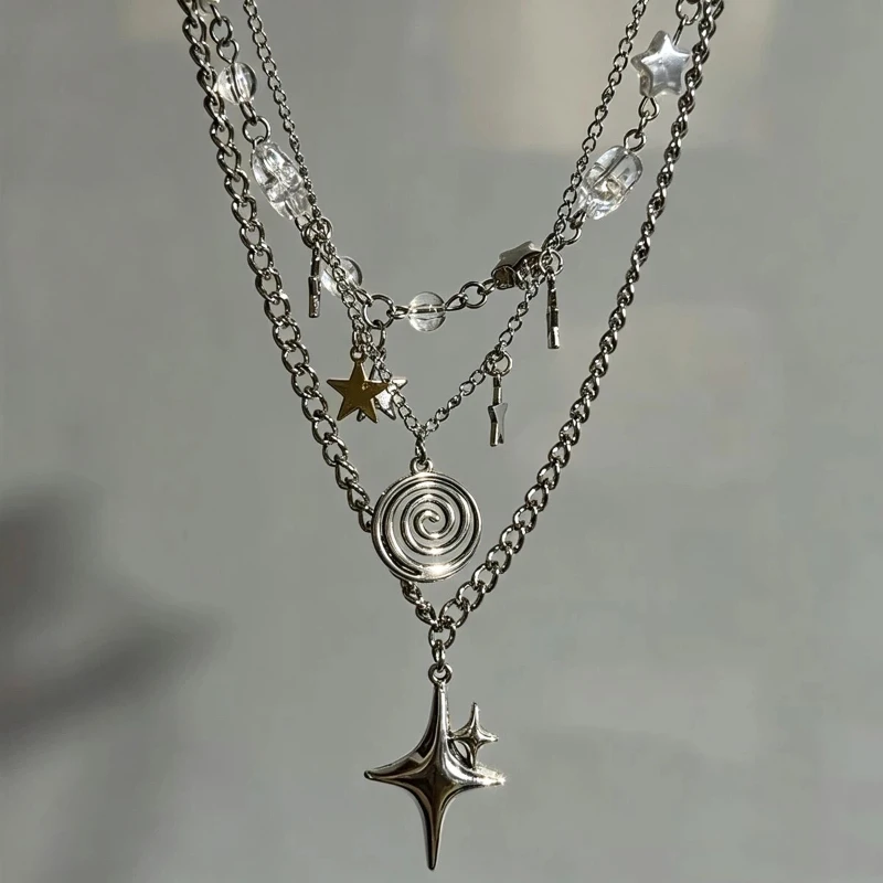 Y2K Multi-layer Star Swirl Spiral Silver Color Pendant Star Necklace Grunge Cyber Punk Aesthetic Choker Stackable Neck Jewelry