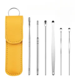 Aço inoxidável orelha escavação colher com capa de couro, Double-Headed espiral colher, limpeza Tool Set, cuidados de saúde, orelha Picking, 6 PCs