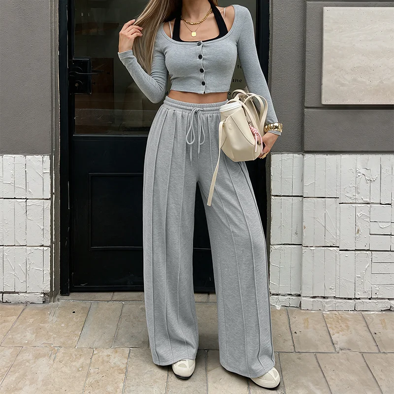 Autumn Winter New Gray Sweatpants Loose Casual Pressing Strappy Trousers Running Fitness Yoga Fitness Lightweight Wide Leg Pants