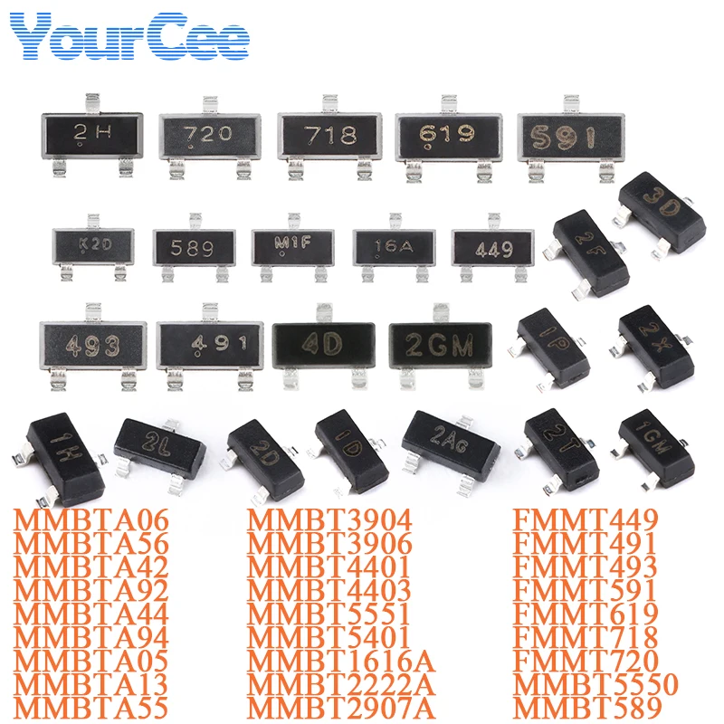 100pcs MMBT4401 MMBT4403 MMBTA06 MMBTA56 MMBT5551 MMBT5401 MMBTA42 MMBTA92 FMMT449 FMMT491 FMMT493 MMBT589 MMBTA13 MMBT3904 SOT