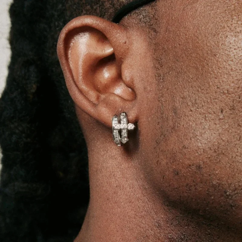 Silver Crystal Stud Earrings for Men Abstract Geometric Cross Shape Iced Hip Hop Rap Style Ear Jewelry Accessory