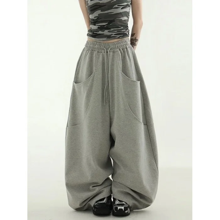 Unique Design Casual Pants with Pockets Loose Fit Sporty Personality Long Legs Natural Waist Neutral Style Pure Color