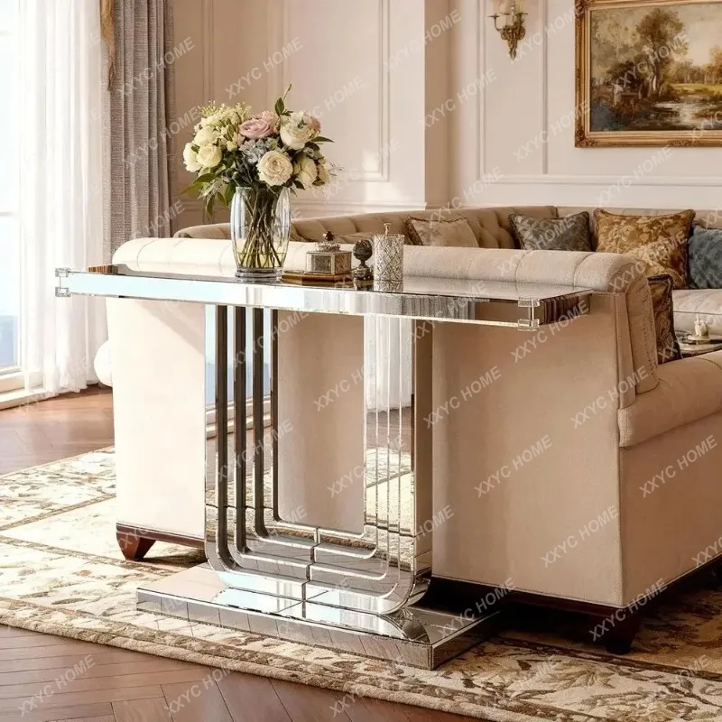 XX  Elegant Silver Mirrored Console Table with U-Shaped Base and Handcrafted Line Pattern for Entryway or Hallway