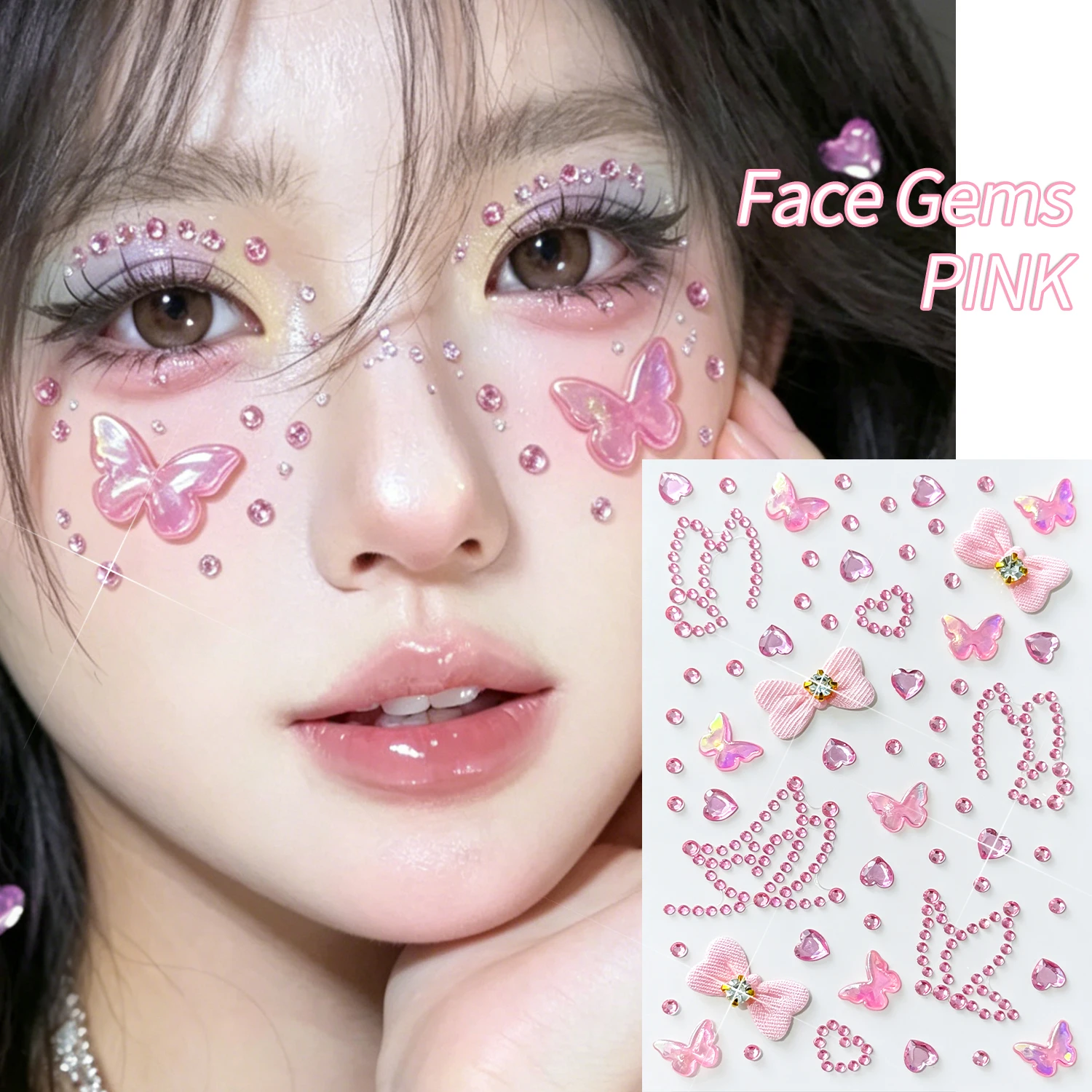 1Pcs 3D Butterfly Heart Bow Face Gem Stickers Self-Adhesive Rhinestone Tattoos Party Festival Eye Facial Body Makeup Gems Decals