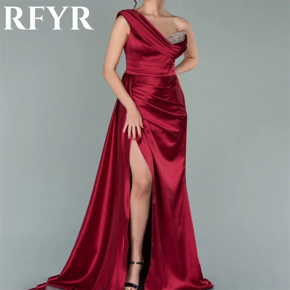 

RFYR Red Sequins Scoop Women Evening Dress Simple Sleeveless with Pleats Satin Split Trumpet Prom Formal Gowns Dress Customized