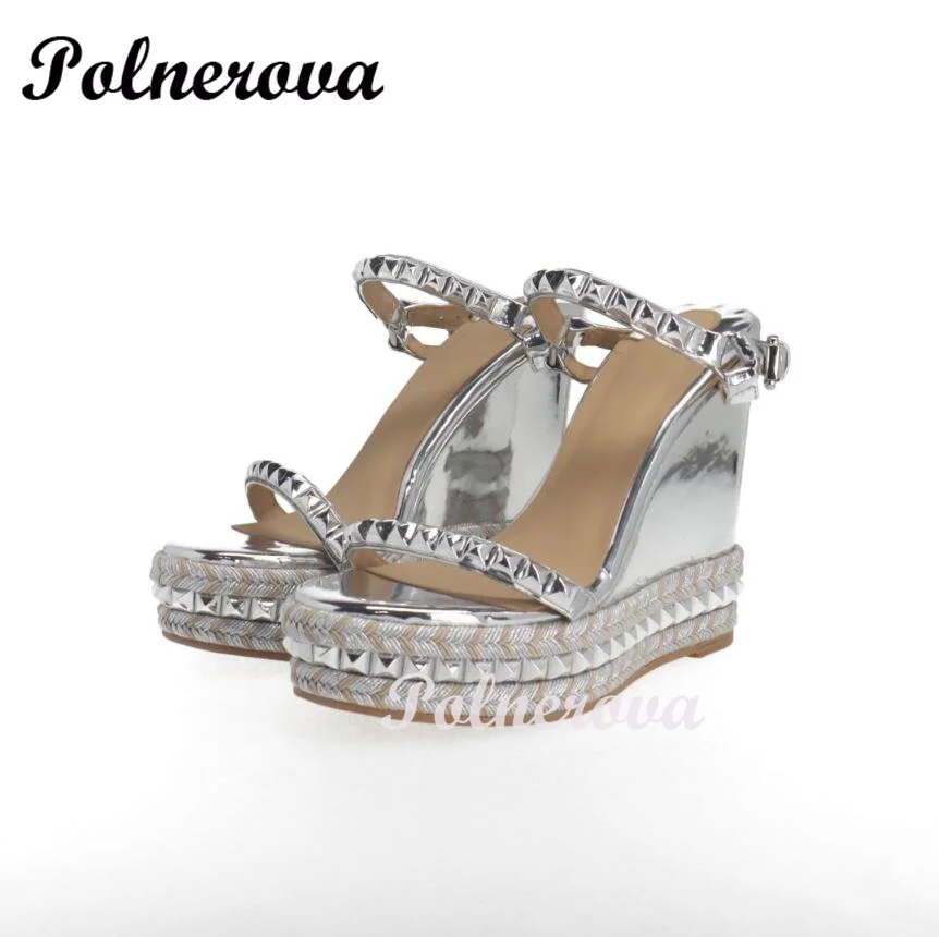 

Luxurious Silver Rivet Wedge Espadrilles Shoes for Women Buckle Sandals Round Toe Platform Women Shoes Brand Design Sandals