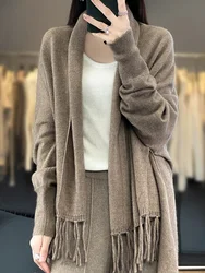 Luxury 100% Merino Wool Women's Tassel Poncho Shawl Thick Sweater Soft Warm Autumn Winter Jacquard Cashmere Knitwear Shawl