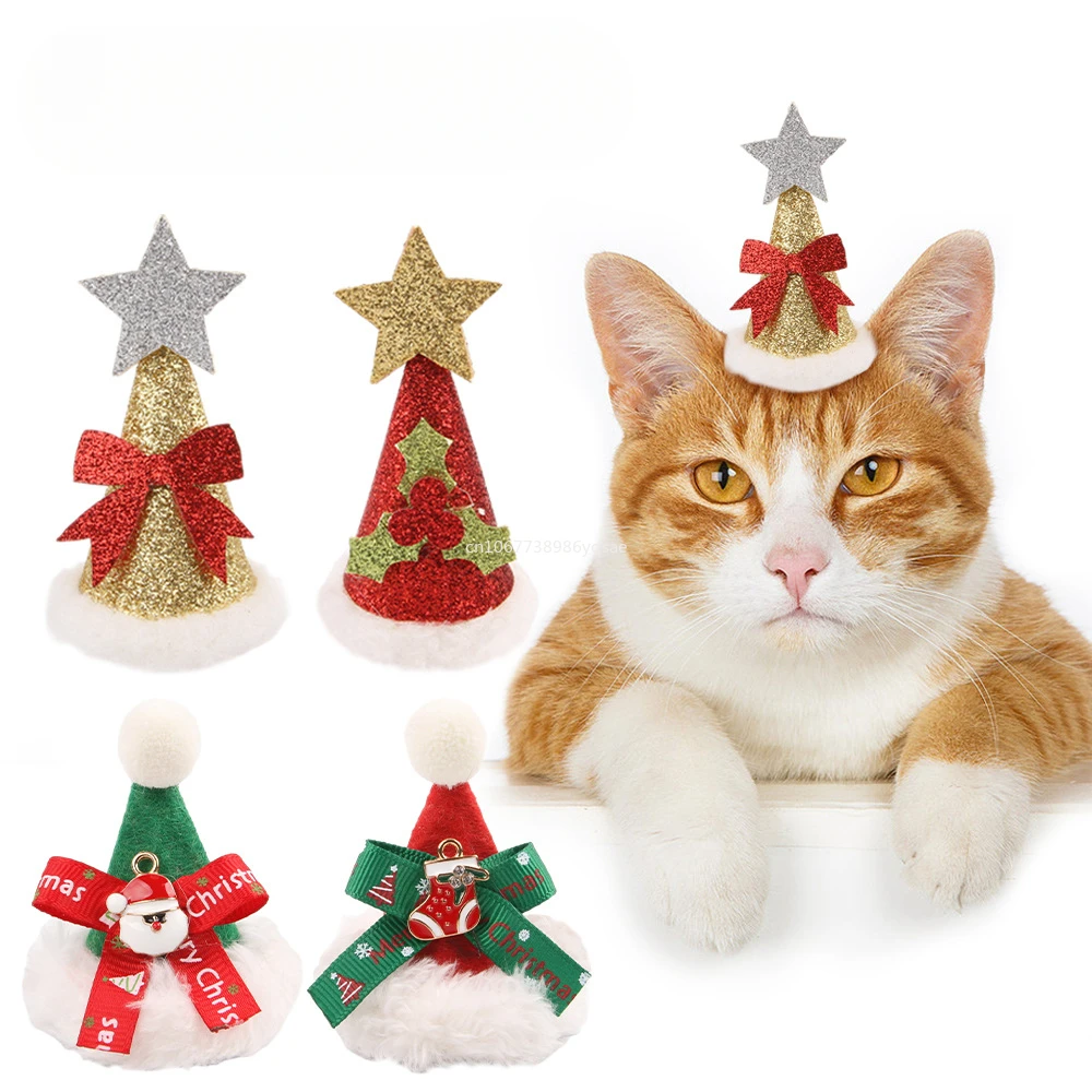 Cute Pet Cat Christmas Hat with Bow Bell Cat Dog Xmas Felt Ball Cap Headwear Kitten New Year Costume Decoration Pet Gifts Xmas