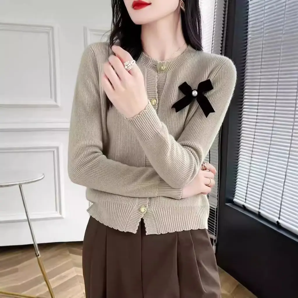 

Women's 100% Pure Wool Cardigan Bow Crewneck Knitwear Fashion Short Sweater Coat Casual Witch Coat Outerwear