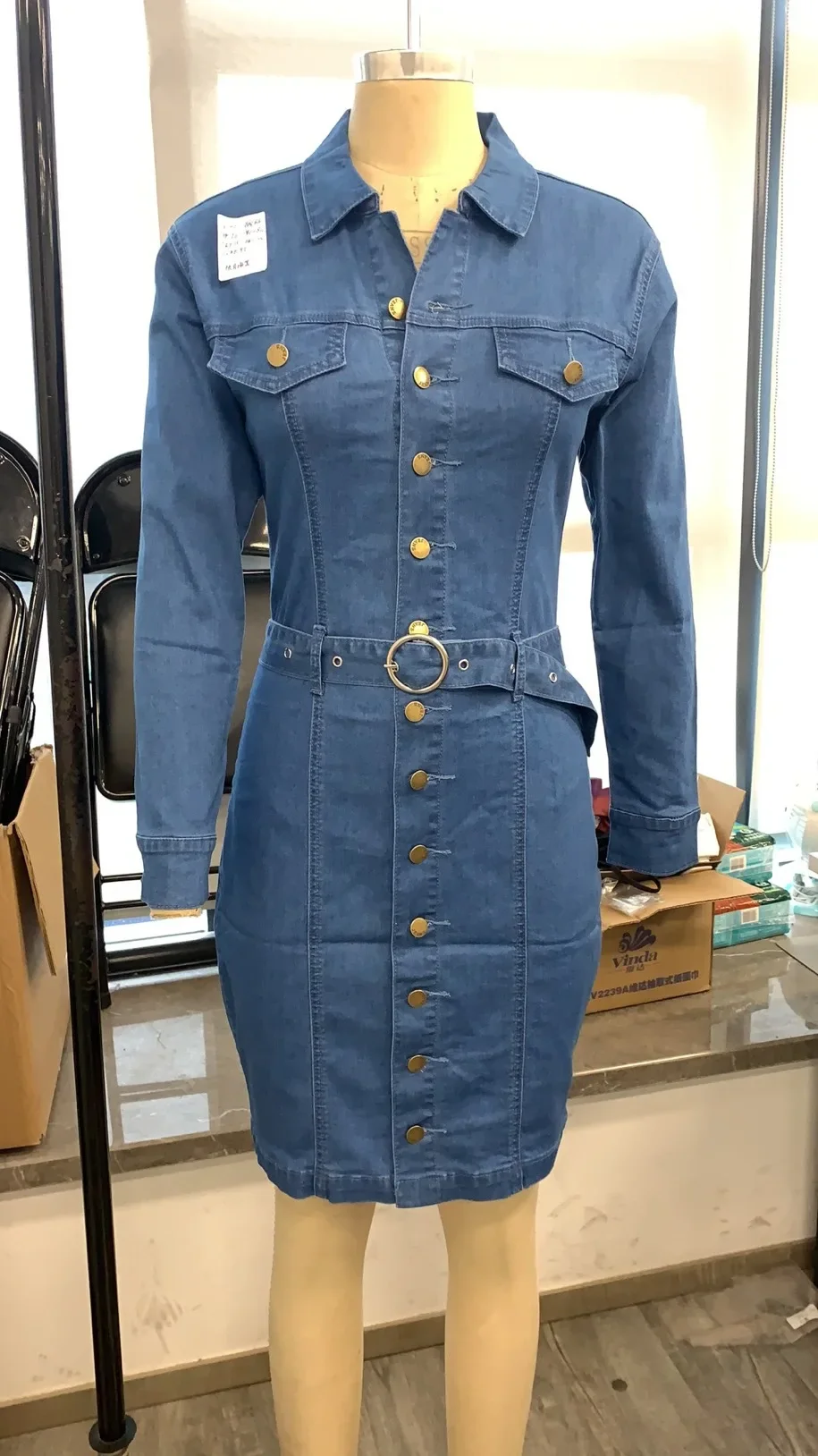 New Denim Dress Women Lapel Slim Fit Elegant Pencil Dresses Long Sleeve High Waist Singl-Breasted Jeans Vestidos Largos Mujer