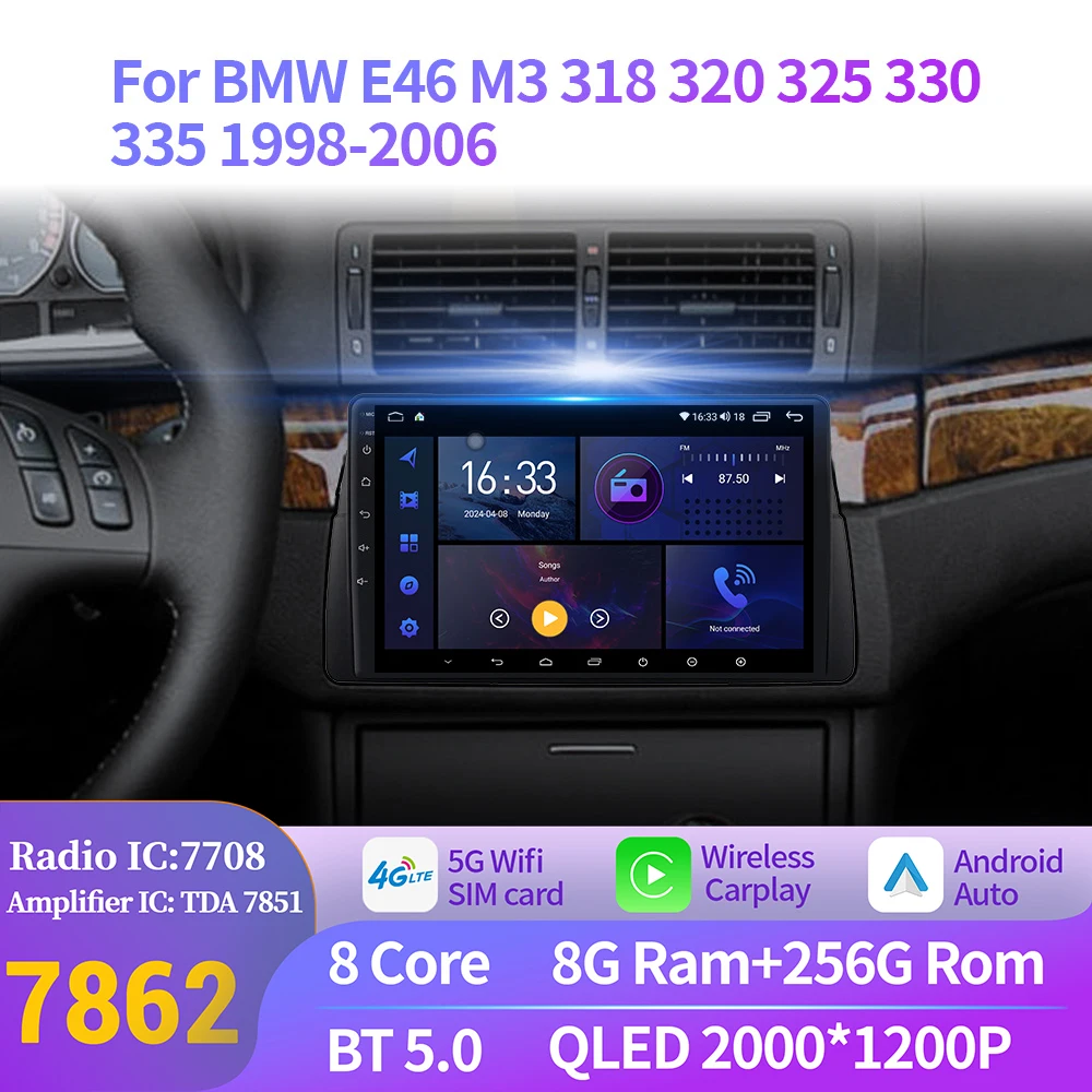 

For BMW E46 M3 318 320 325 330 335 1998-2006 Android 14 Car Radio Multimedia Wireless Carplay Auto GPS 2K QLED Screen Stereo