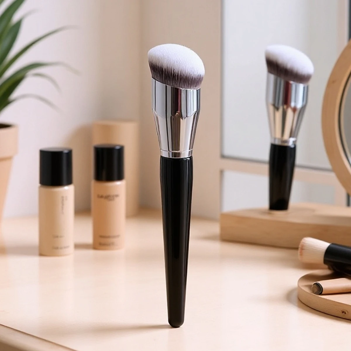 Profession Foundation Brush, Round Oblique Head, Soft Bristles Kabuki Brush for Contouring, Dense Bristles