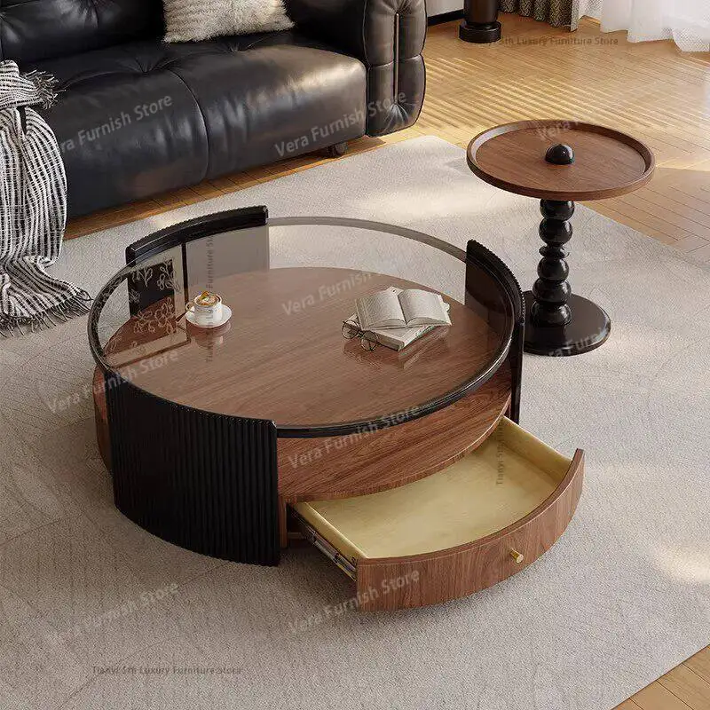 

Vintage Style Solid Wood Round Coffee Table Nordic Creative Living Room Tempered Glass Coffee Table Storage Home Furniture FYCT