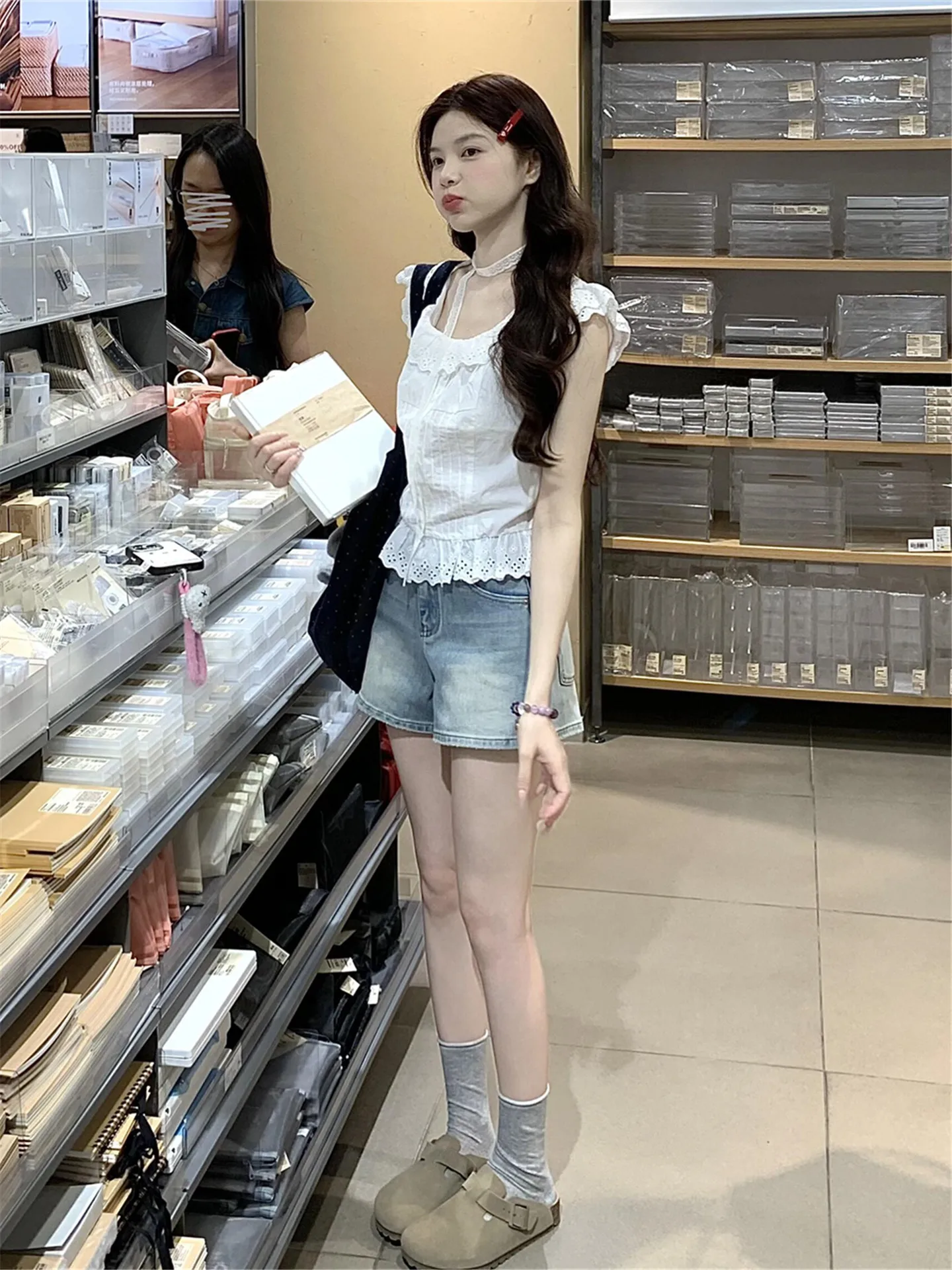 

American Vintage Washed Denim Shorts Women's High Waist Slimming Summer Hot Pants Tummy Control Wide Leg Jeans Casual Cotton