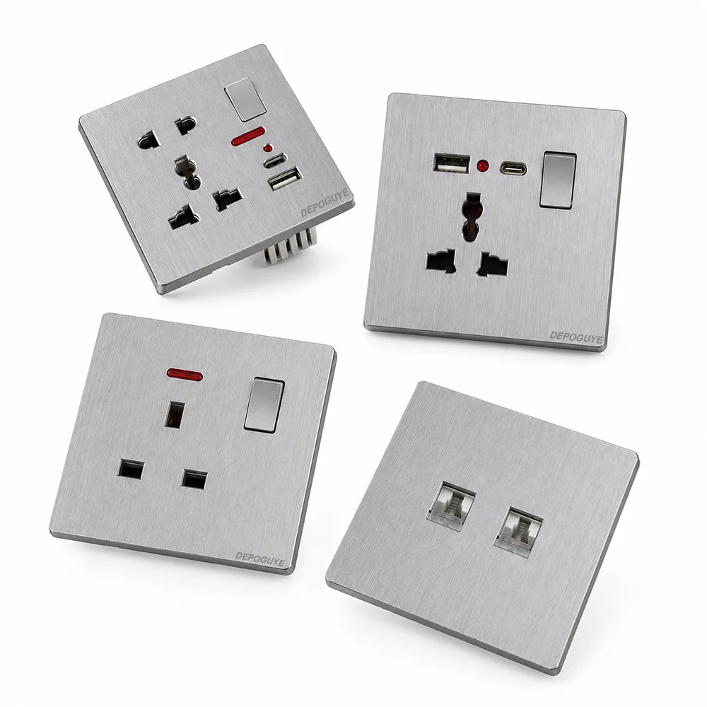 UK Wall Light Switch Brushed Silver Ultra Thin Panel 1/2 Way Universal 3 Pin Wall Socket Power Outlet AC 110-250V