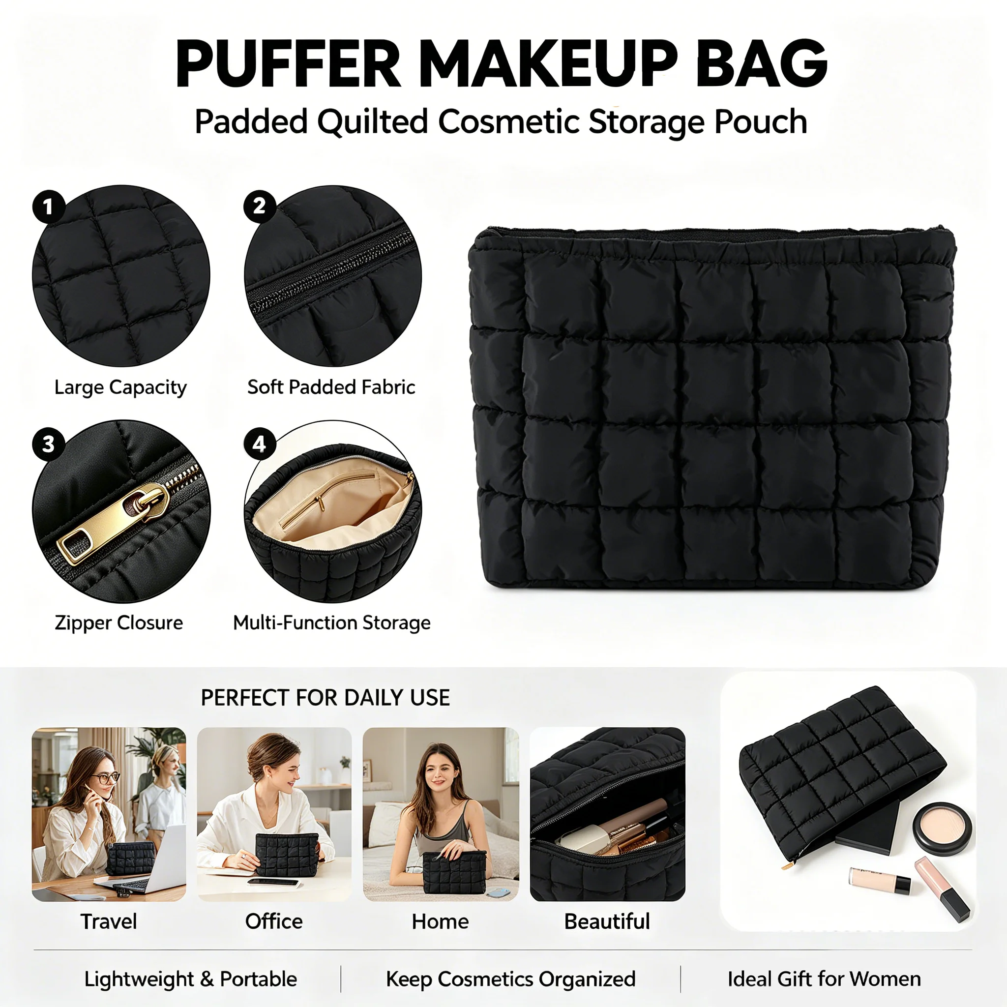 Bolsa de Maquillaje Acolchada para Mujer, Bolsa de Almacenamiento de Maquillaje Acolchada, Bolsa de Maquillaje Tipo Puff, Bolsa Organizadora de Cosméticos Grande, Bolso de Mano, Estuche de Belleza