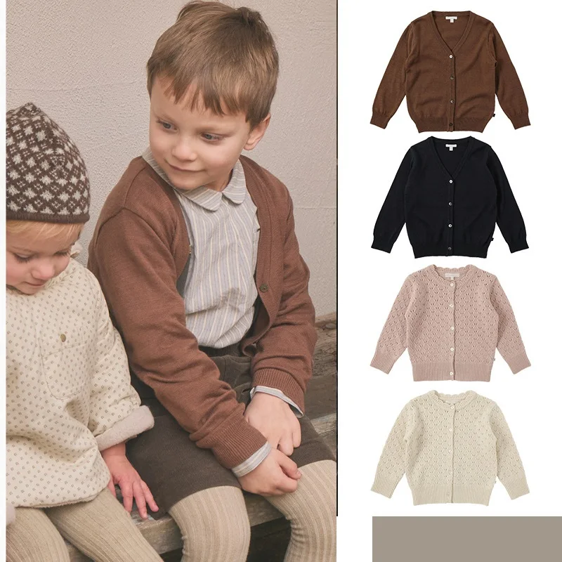 Kids Sweater 2026 Fall New Brown V-Neck Fashion Casual Boys Knit Cardigan Cotton Wool Blend Warm Girls Pink Cutout Sweater Coat