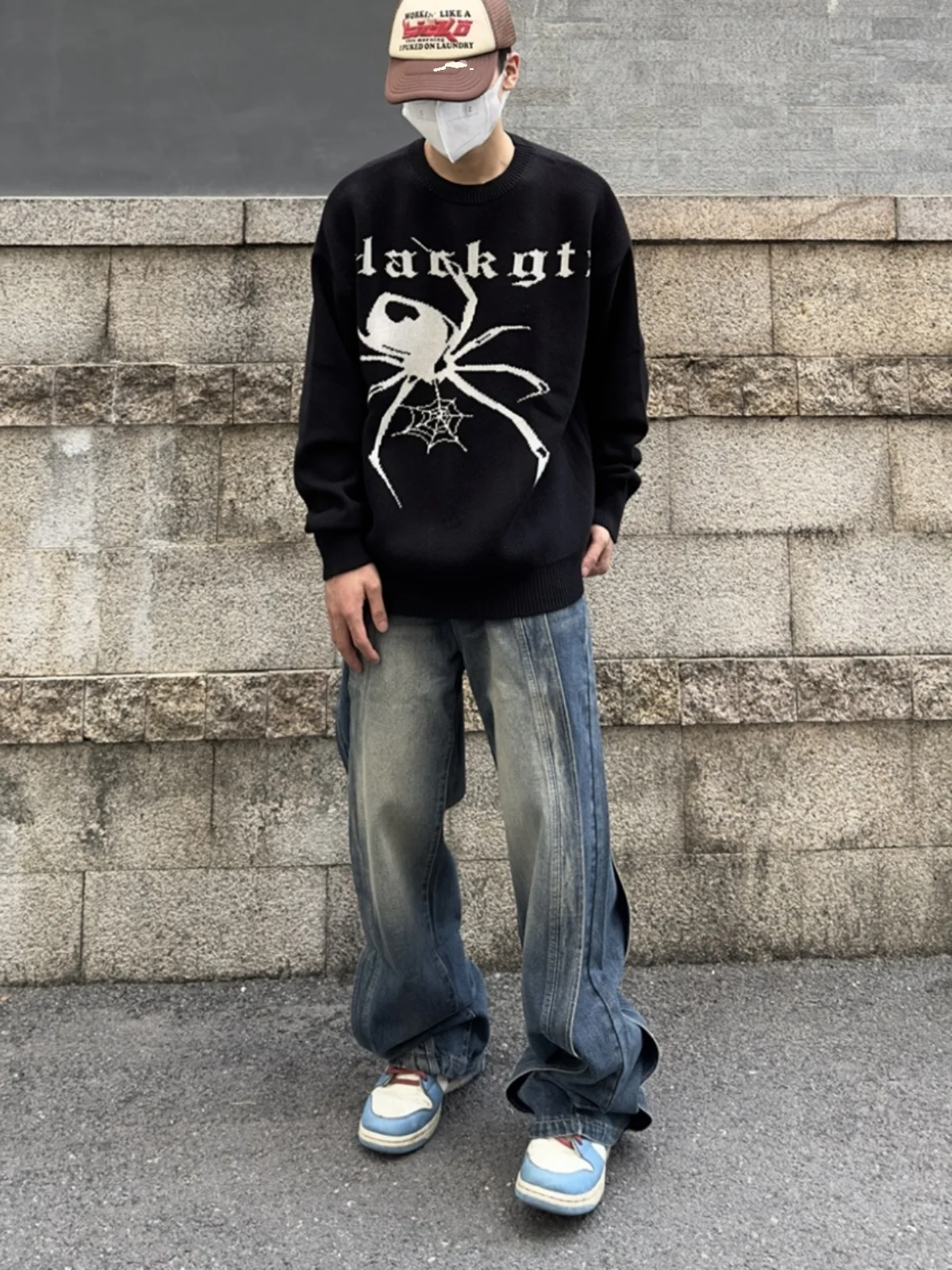 

American Sle Street Ретро Паук круглый Ne Трикотаж Свободный повседневный осенне-зимний модный трикотаж для пар ex High Street