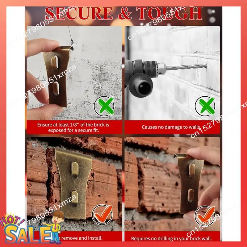 ABCL 30 Uds Clips de pared de ladrillo para colgar ganchos al aire libre ganchos de revestimiento de pared, sin taladro se adapta a ladrillos de 2 1/4 pulgadas a 2 3/8 pulgadas duraderos