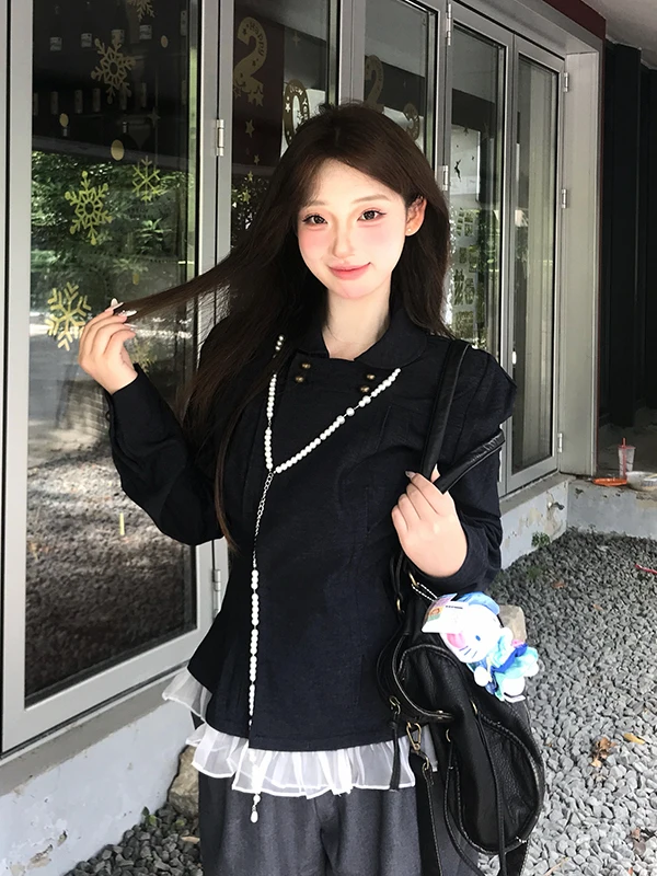 

Retro Stand Collar Long Sve irt Women's Autumn Slimming Waist Design Patchwork Slim Fit Versatile Top for Younger Look