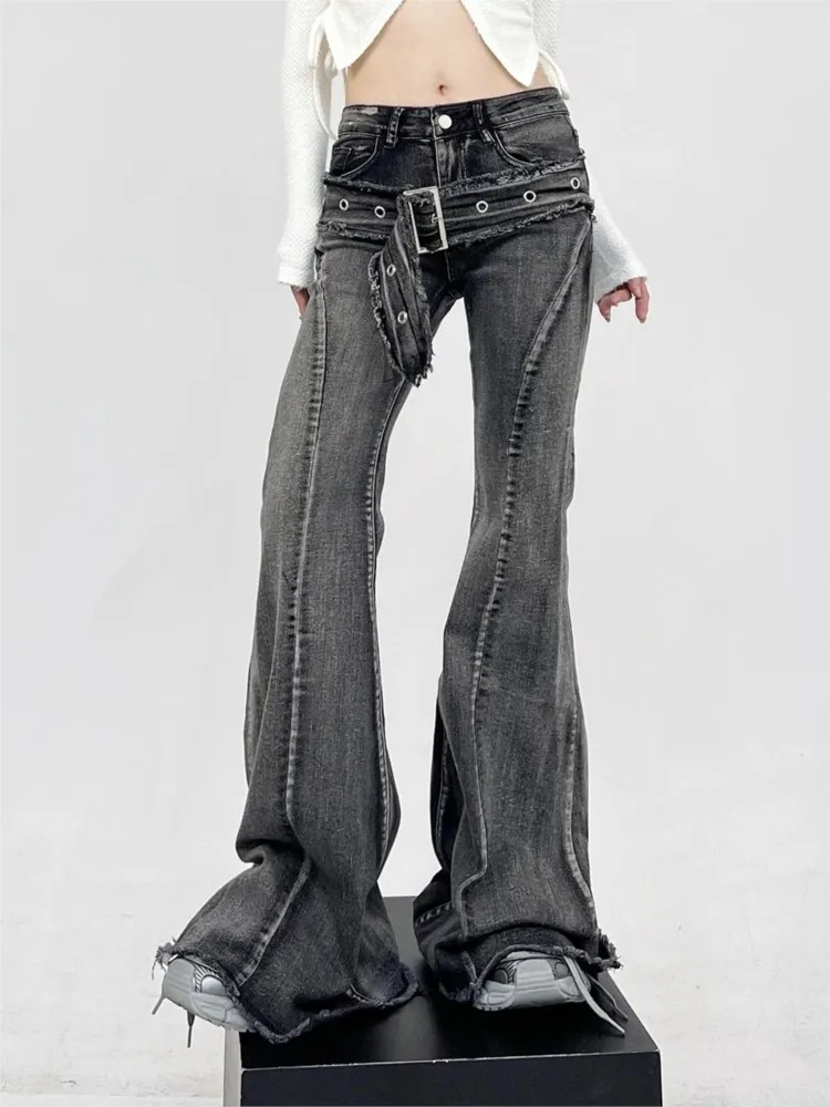 Jean Vintage Y2k délavé noir Micro évasé pour fille, pantalon Harajuku des années 2000, esthétique Grunge Punk, taille basse