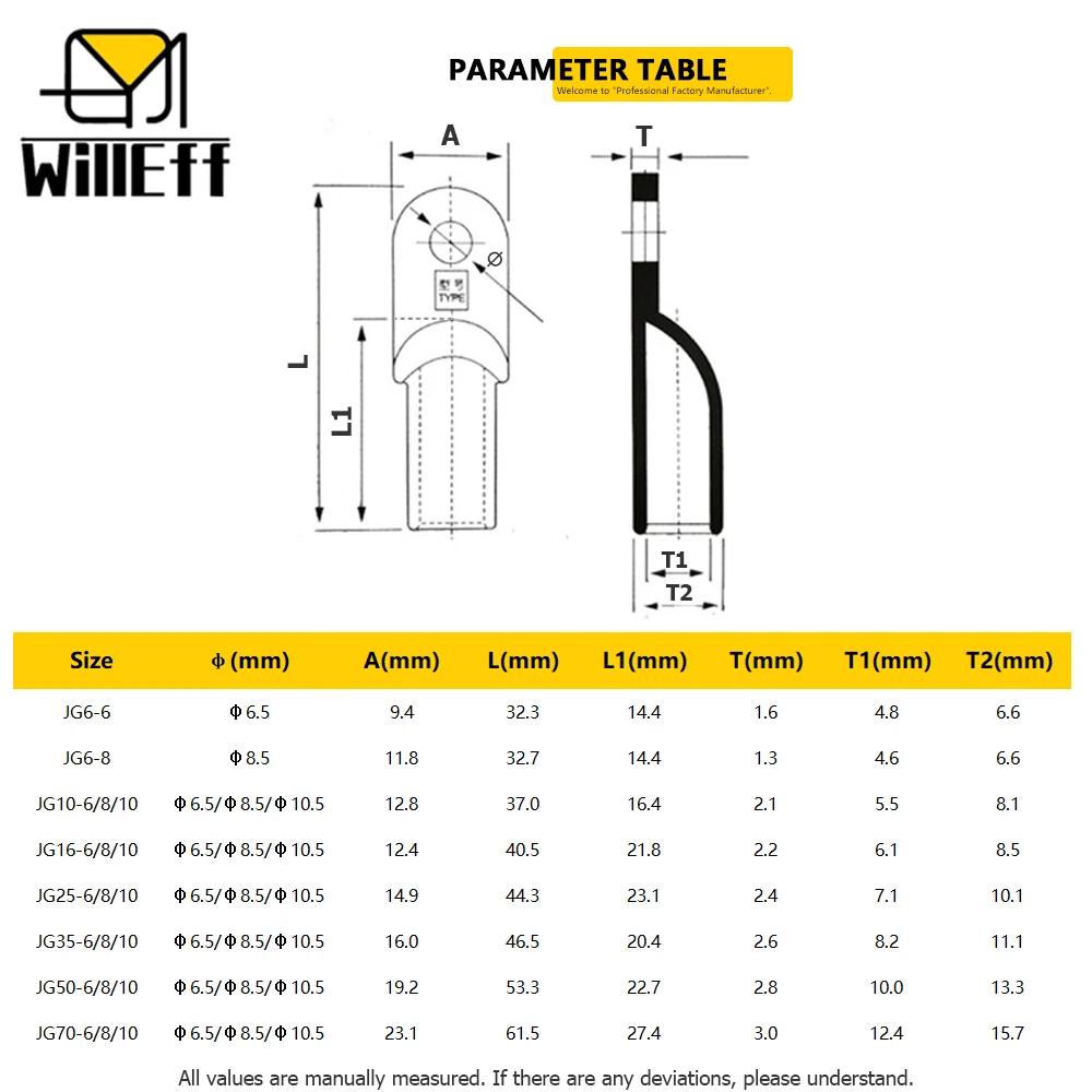 JG Crimp Terminal Solid Copper Terminal/Lug Wire Cable lug wire Cable Connectors M6/M8/M10/M12 Tin-plated copper material