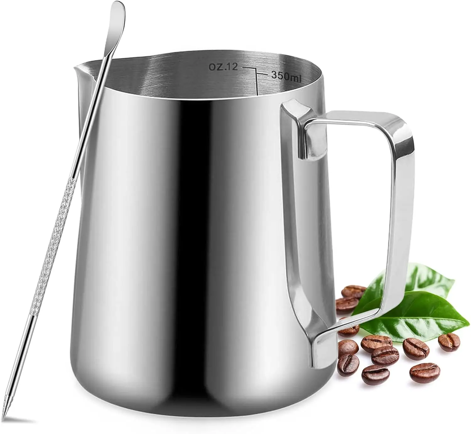 Jarra de acero inoxidable de 350 ml para espumar leche con lápiz para latte art