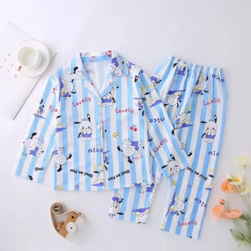 

Sanrio Kuromi Cinnamoroll Children Clothes Collar Pajamas Pochacco My Melody Cute Casual Anime Long Sleeved Mother Kid Pyjamas