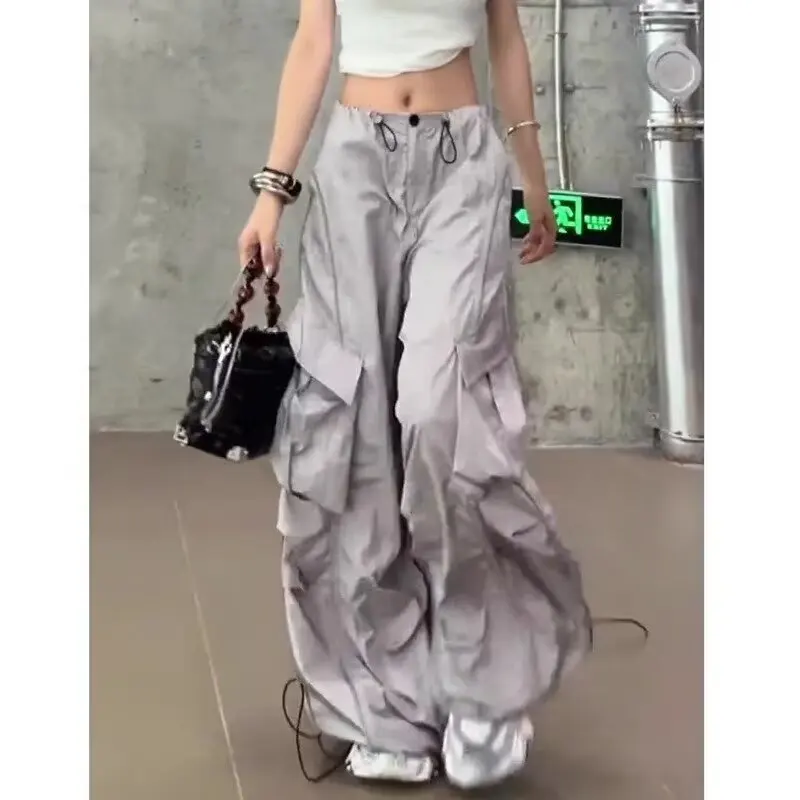 2024 Trendy Women Wide Leg Cargo Pants Street Vibes Flap Pockets Drawstring Ruched High Waist Parachute Pants Mujer