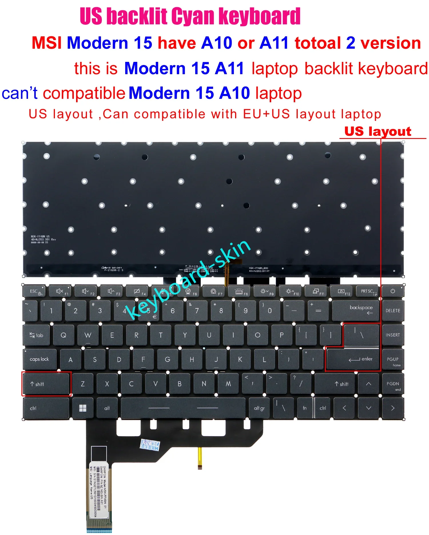 Imagem -03 - Teclado Retroiluminado dos Eua para Msi Modern 15 A11ml A11m A11mu A11sb A11sbl Ms1552 A11m221us A11sbl429cn Laptop Novo