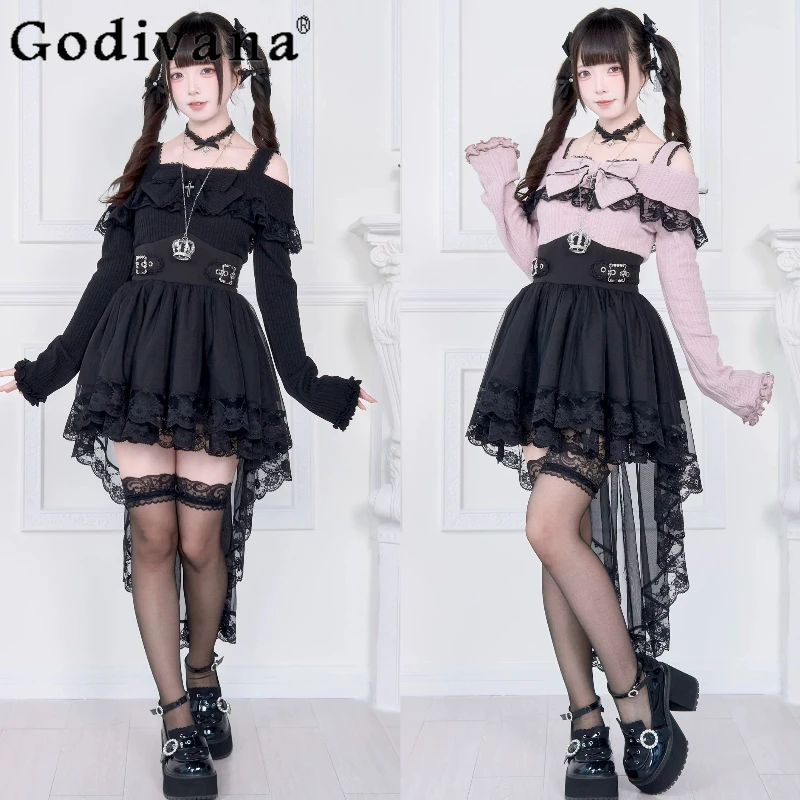 

Original Japanese Subculture Lolita Girls Fake Two-Piece Off-Shoulder Sweet Dress Mine Mass-Produced Women's Big Bow Tail Dress