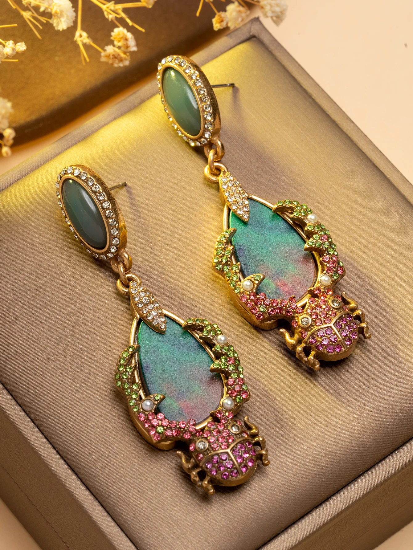 Vintage Iridescent Opal Crab Earrings, Retro Colorful Gemstone Elaborately Crafted Long Water Drop Stud Earrings