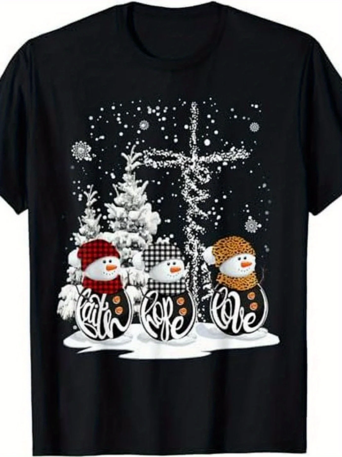 Christian Faith Hope Love Winter T Shirt Men Women Casual Short Sleeve Crew Neck Three Snowmen Snow Cross Festive Graphic Tee