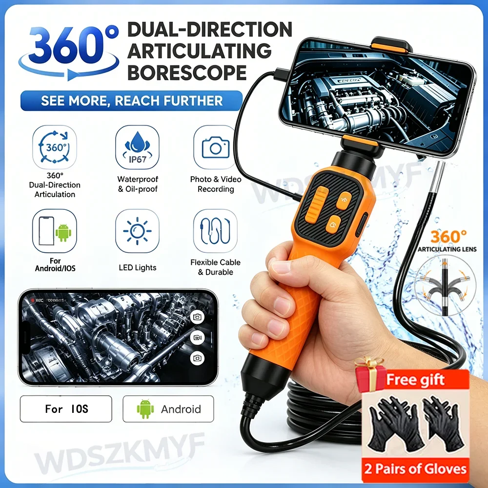 HD 1080P 360° Bidirectional Articulating Endoscope IP67 Waterproof Oil Resistant Borescope Zero Lag Real Time for iOS Android