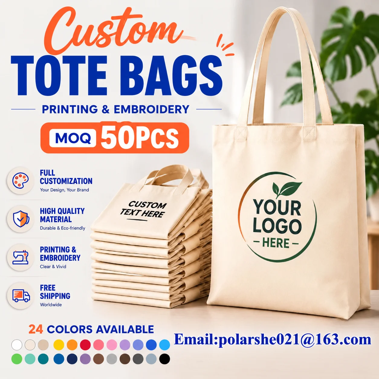 Custom Canvas Tote Bag Personalized Logo Printing Reusable Shopping Handbag Promotional Gift Wholesale Bulk Order MOQ 50 Pieces