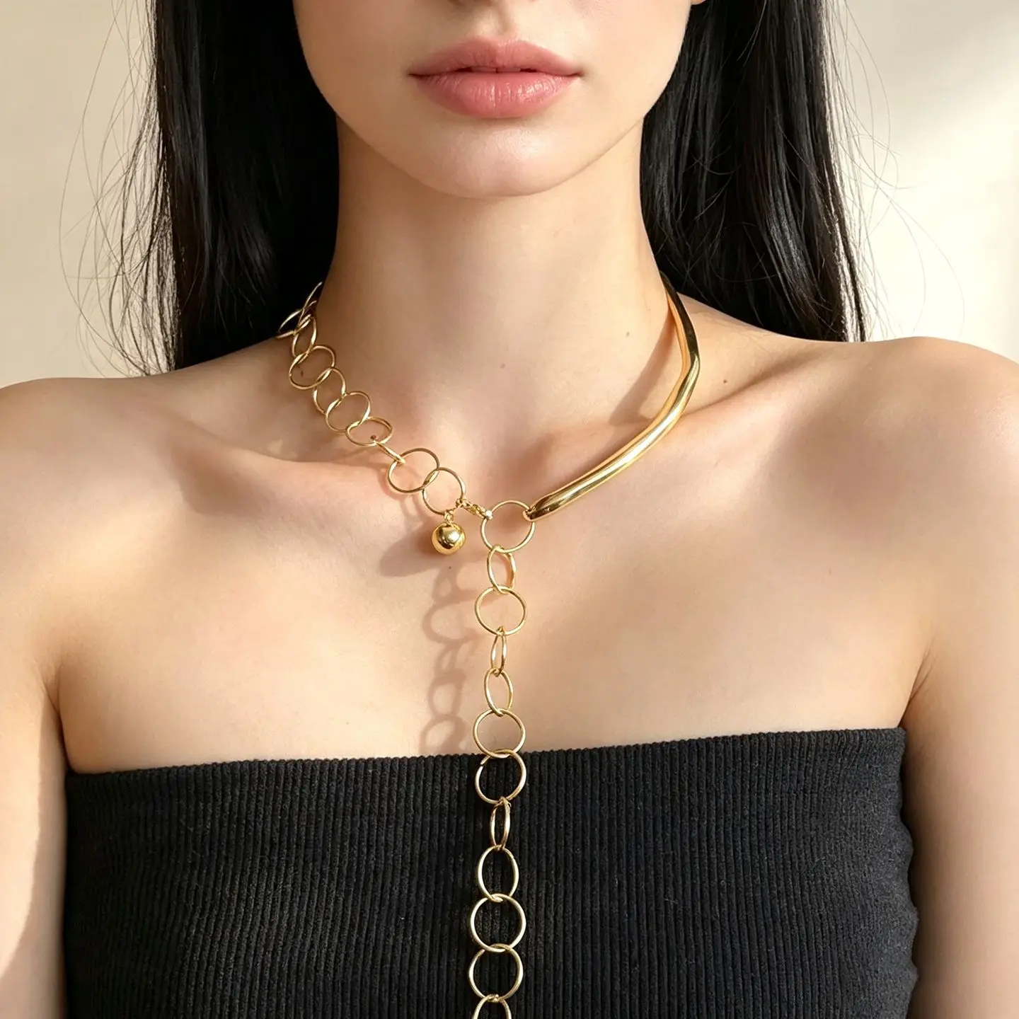 Light Luxury Exaggerated Geometric Curved Tube Circle Y-Shaped Necklace Simple Metal Ball Pendant Long Chain Women Spicy Girl Cl