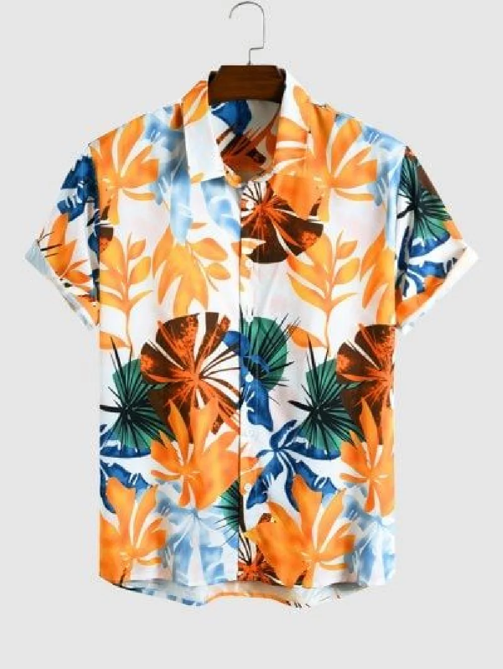 Hawaiian style men\'s short sleeved shirt with plant print pattern short sleeved lapel fashionable casual shirt top