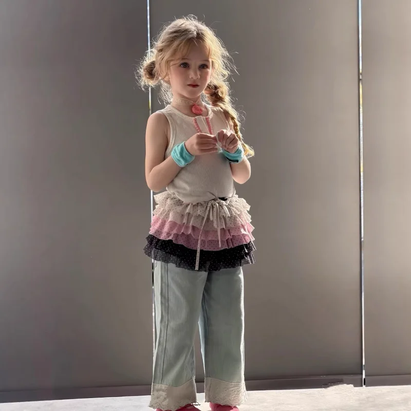 

Girls' three-piece set26Spring and summer new baby knit vest top and versatile denim skirt set for girls, trendy