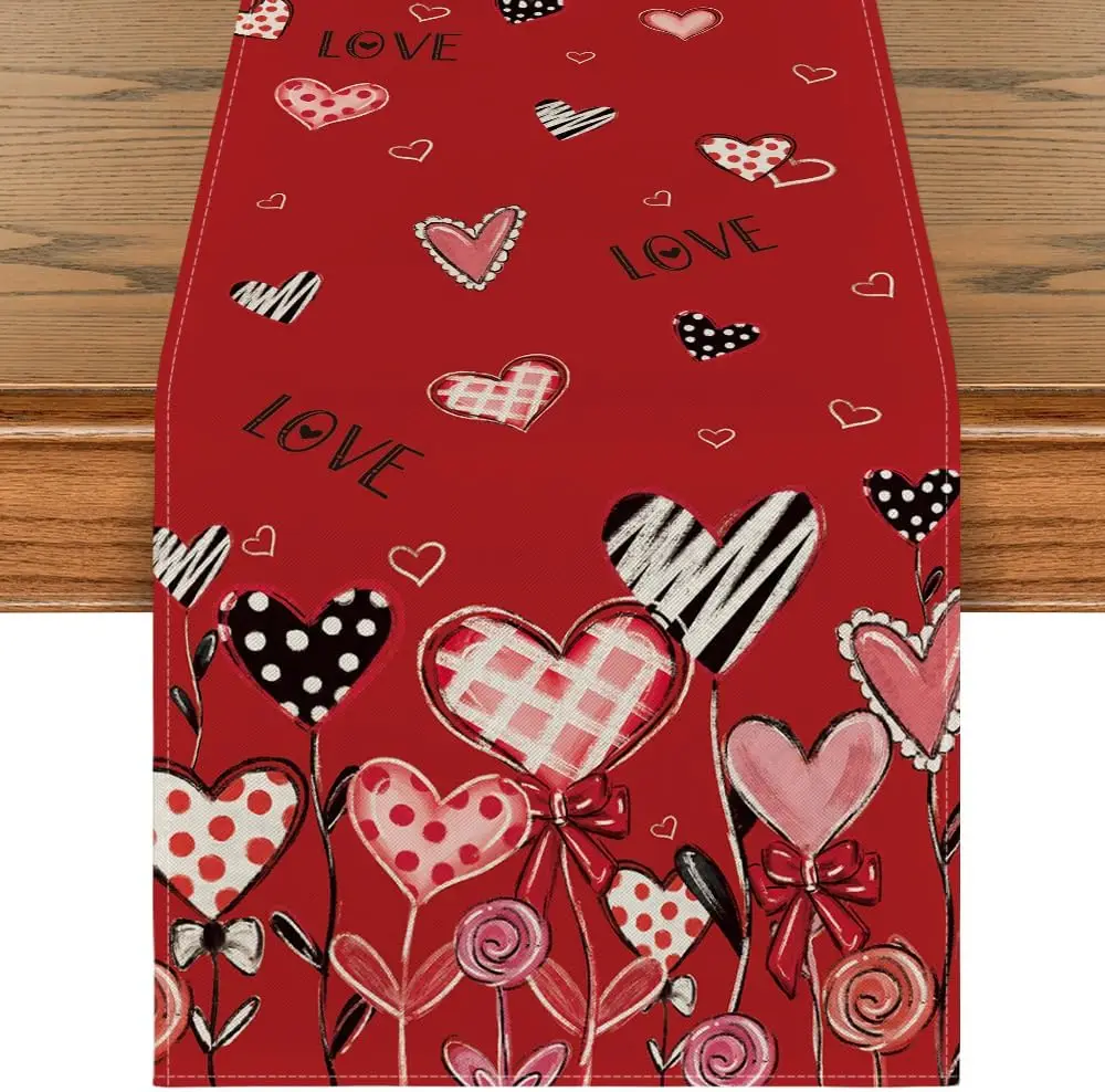 

Red Love Hearts Balloon Valentine's Day Table Runner Seasonal Holiday Linen Table Runners Dining Table Wedding Party Decorations