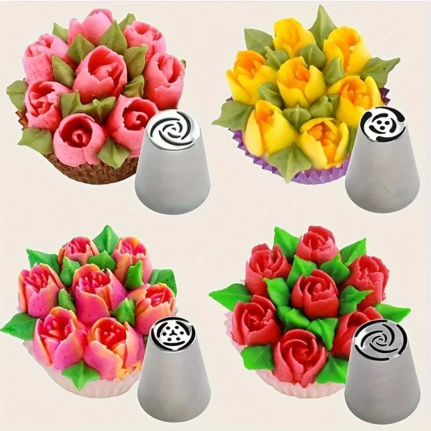 4pcs Stainless Steel Piping Nozzles Set-Vibrant Floral & Leaf Designs for Cupcake Decorating,Perfect for DIY Desserts