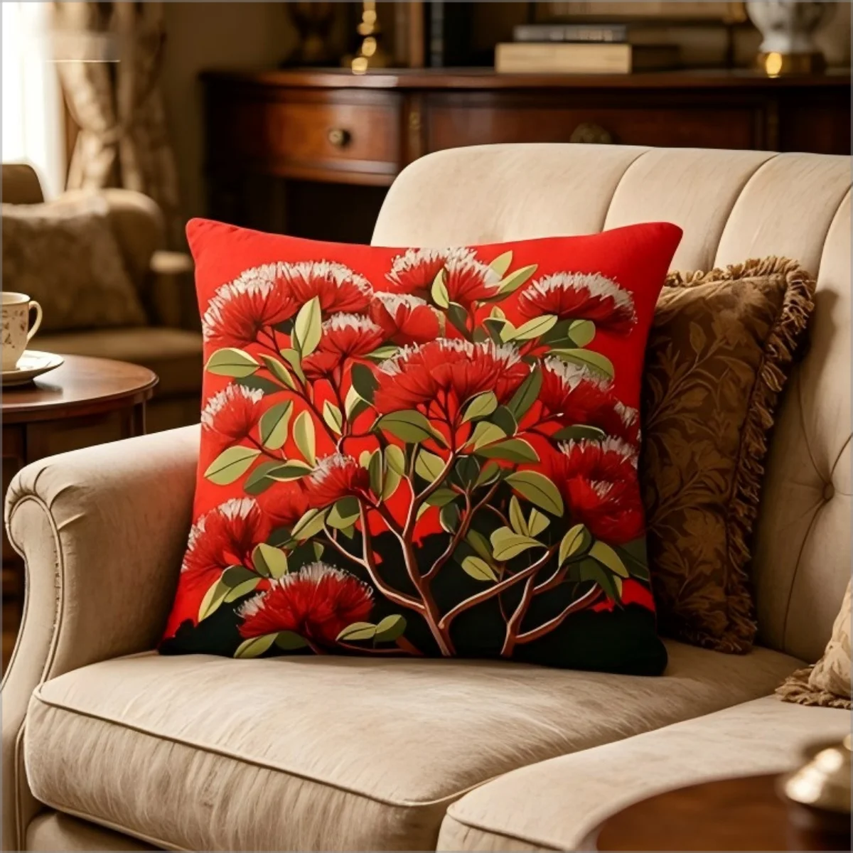 Kühner roter Kissenbezug mit Blumenmuster, tropische Pohutukawa-Blume, dekorativer Kissenbezug für Schlafzimmer, Sofa, Couch, Heimdekoration